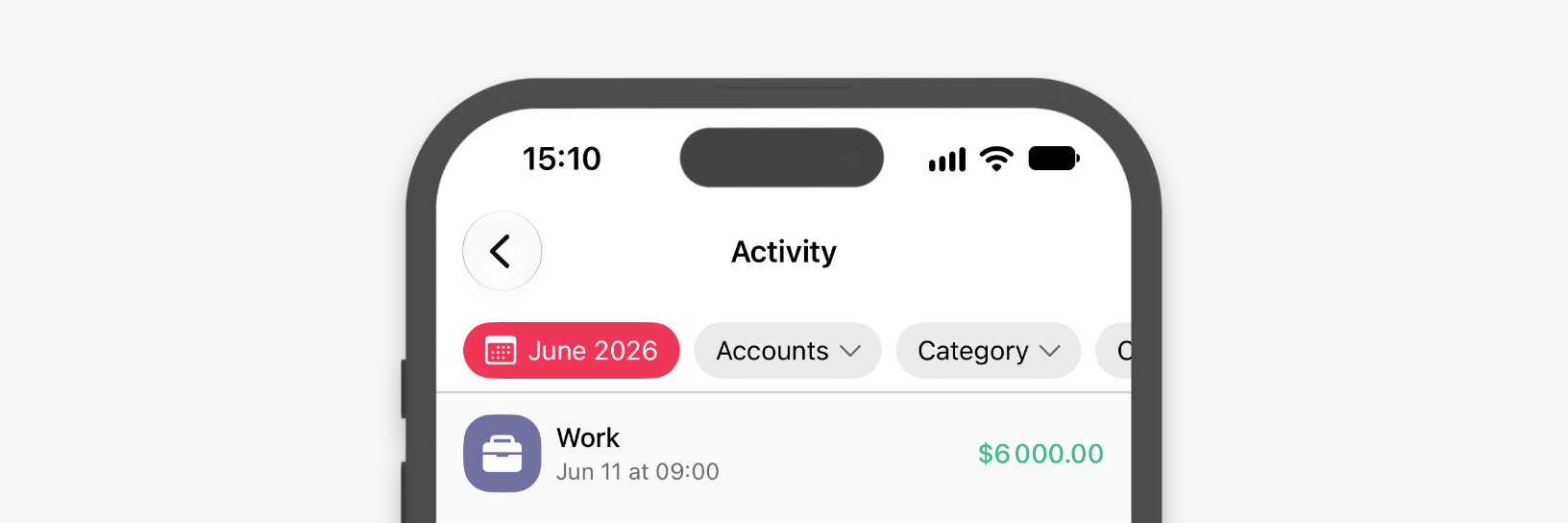 Activity screen with a filter bar: period, Accounts, Category, Currency