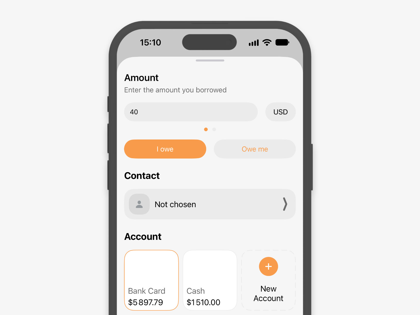 New debt screen: the I owe / Owe me switch, an amount field, a contact and an account