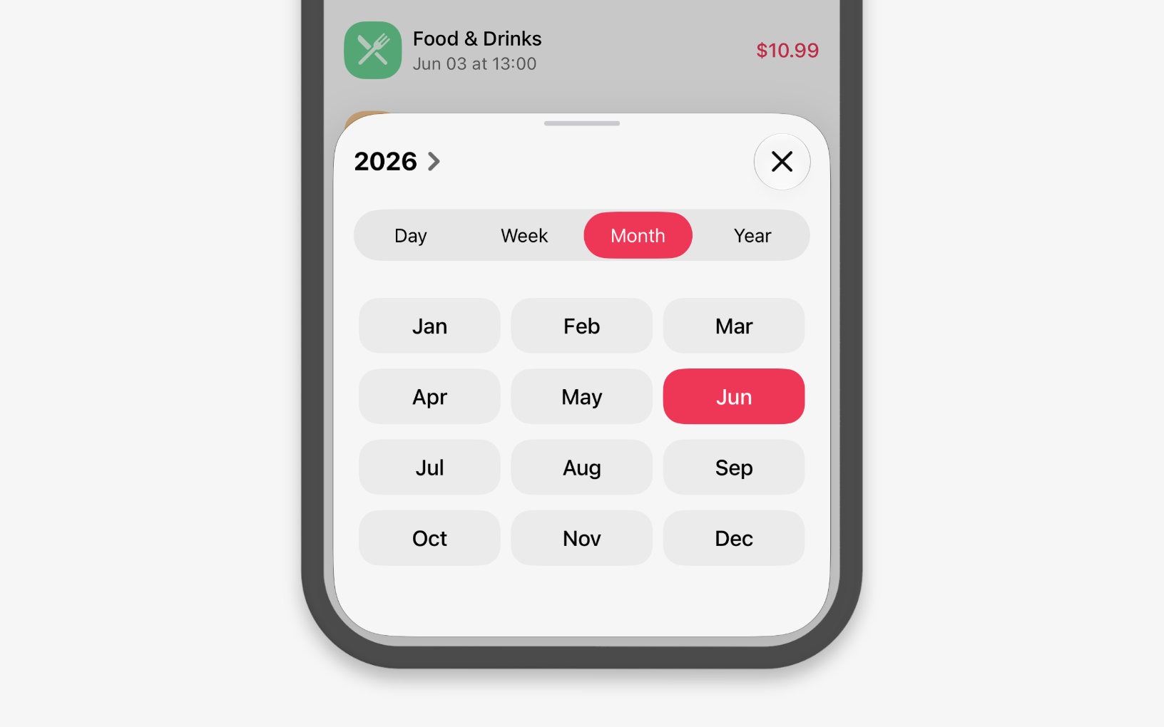 Period picker: the year 2026, Month mode and a grid of twelve months with June selected